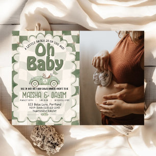 Oh Baby Race Car Chequered Sage Green Baby Shower Invitation