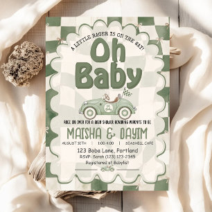 Oh Baby Race Car Chequered Sage Green Baby Shower Invitation