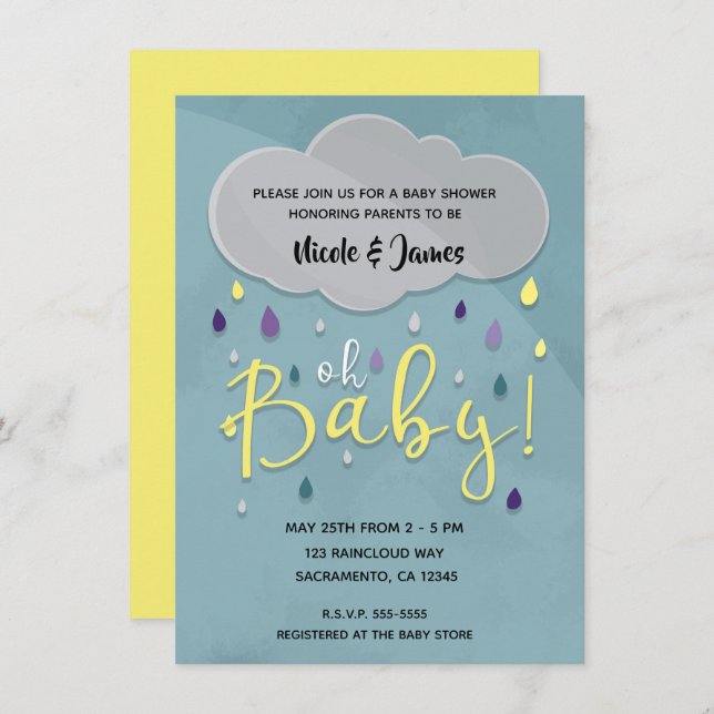 Oh Baby Rain Shower Cloud Weather Unisex Sprinkle  Invitation (Front/Back)