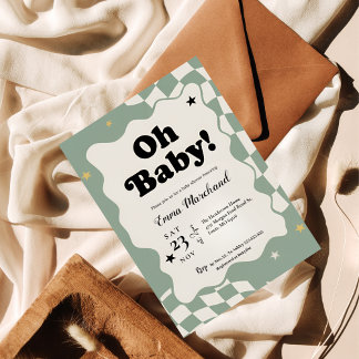 Oh Baby! Retro Checkered Sage Green Baby Shower Invitation