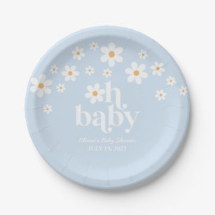 Oh Baby! Retro Daisy blue boho Baby Shower Paper Plate