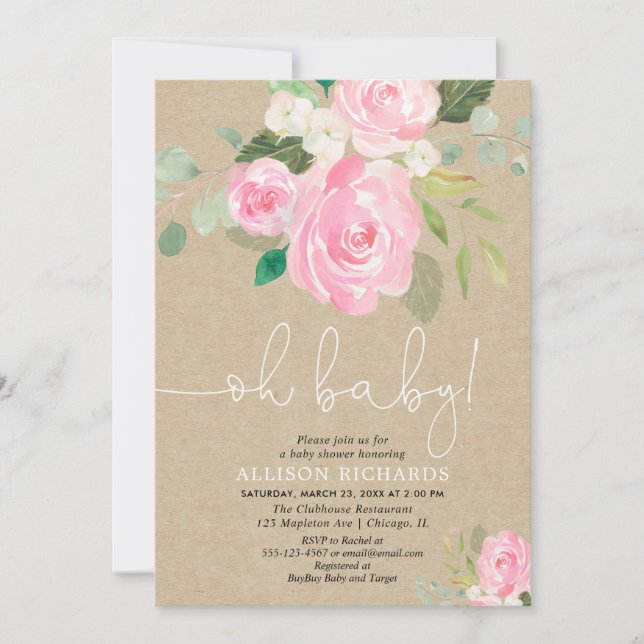 Oh baby rustic blush girl baby shower floral invitation (Front)