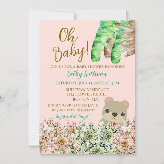 Oh Baby Rustic Greenery Teddy Bear Baby Shower Invitation (Front)