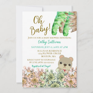 Oh Baby Rustic Greenery Teddy Bear Baby Shower Invitation