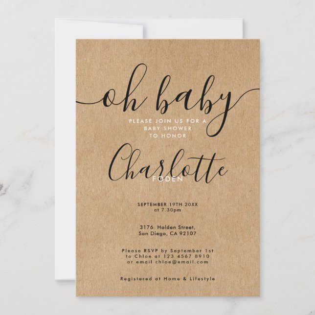 Oh Baby Rustic Kraft Baby Shower / Sprinkle Invitation (Front)