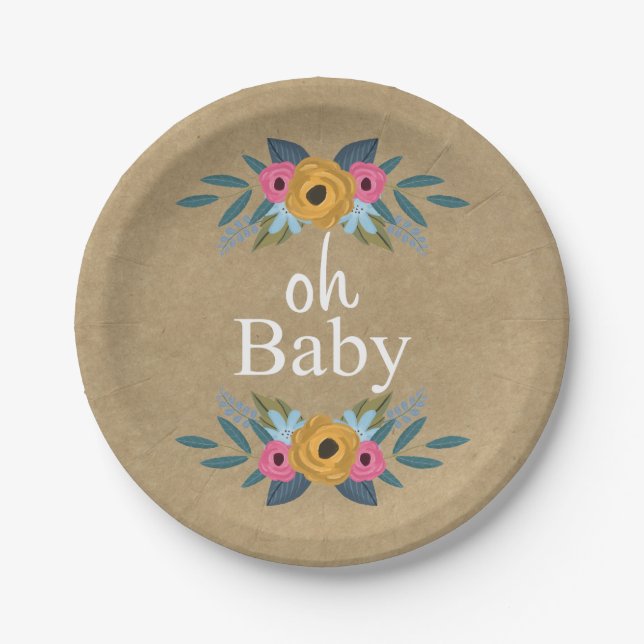 Oh Baby! Rustic Kraft Floral Wreath Baby Shower Paper Plate (Front)