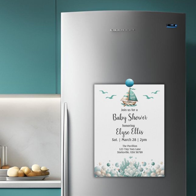 "Oh, Baby" Rustic Nautical Blue Baby Shower Magnet ("Oh, Baby" Baby Shower Magnetic Invitation)