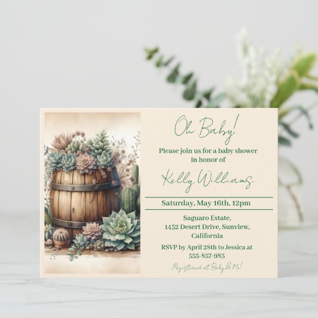 Oh Baby! Rustic Succulents & Cacti Baby Shower Invitation (Standing Front)