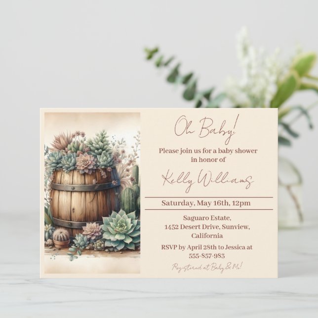 Oh Baby! Rustic Succulents & Cacti Baby Shower Invitation (Standing Front)