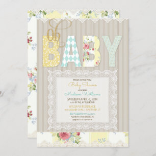 Oh Baby Rustic Wood Lace Gender Neutral Yellow Invitation
