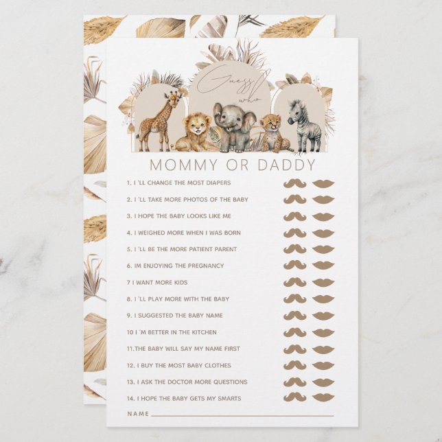 Oh Baby Safari Animals Boho Baby Shower game (Front/Back)