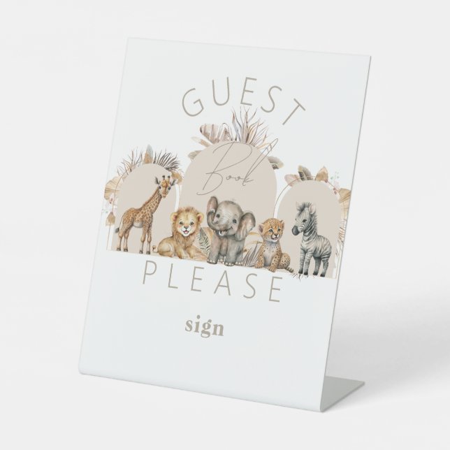 Oh Baby Safari Animals Boho Baby Shower guest book Pedestal Sign (Front)