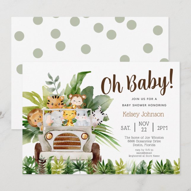 Oh Baby Safari Jungle Zoo Animals Boy Baby Shower Invitation (Front/Back)