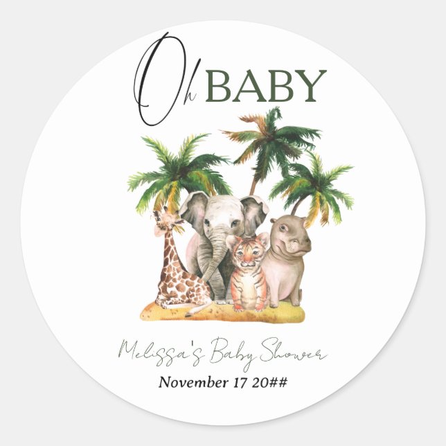 Oh Baby Safari Wild Animals Tropical Baby Shower Classic Round Sticker (Front)