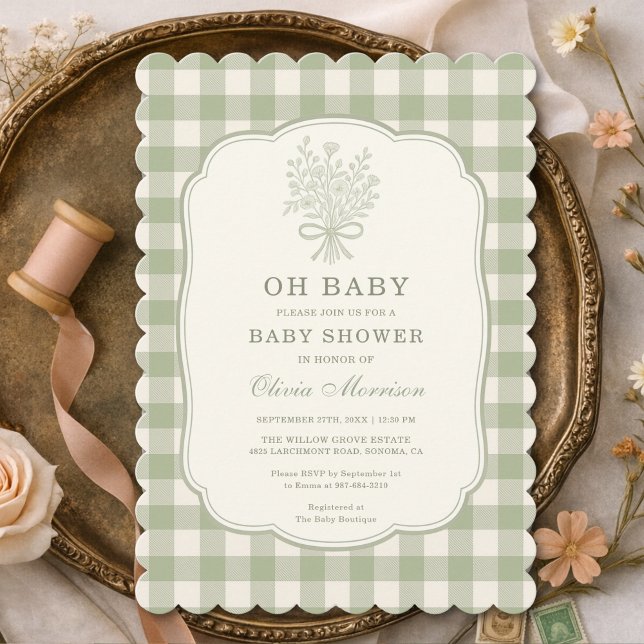 Oh Baby Sage Green Gingham Baby Shower Invitation (Creator Uploaded)