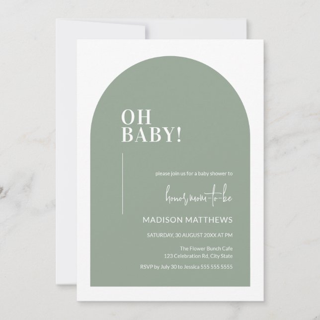 Oh Baby Sage Green Minimal Arch Baby Shower Invitation (Front)