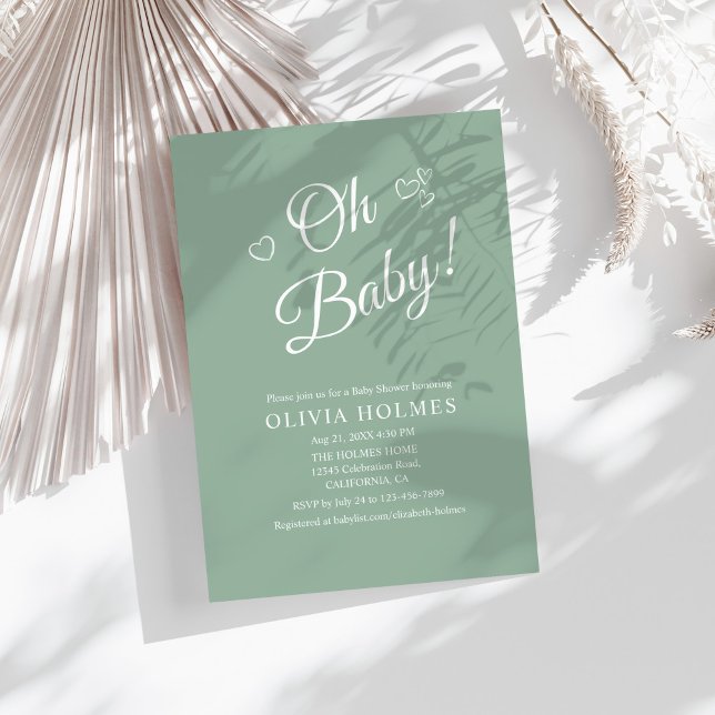 "Oh Baby" Sage Green Modern Minimalist Baby Shower Invitation ("Oh Baby" Sage Green Modern Minimalist Baby Shower Invitation on a sunny boho white table.)