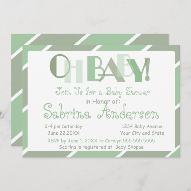 Oh Baby Sage Green Modern Whimsical Baby Shower Invitation (Front/Back)
