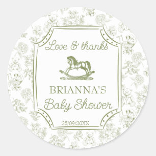 Oh baby sage green rocking horse baby shower classic round sticker