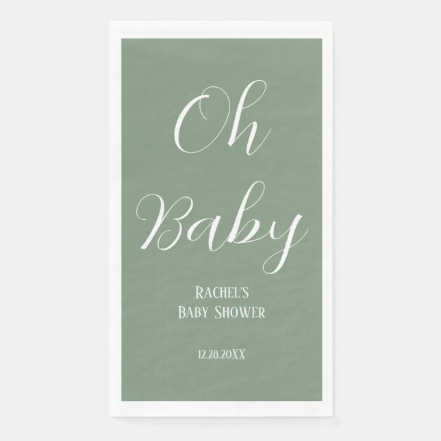 Oh Baby Sage Green Script Cute Modern Baby Shower Napkin (Front)