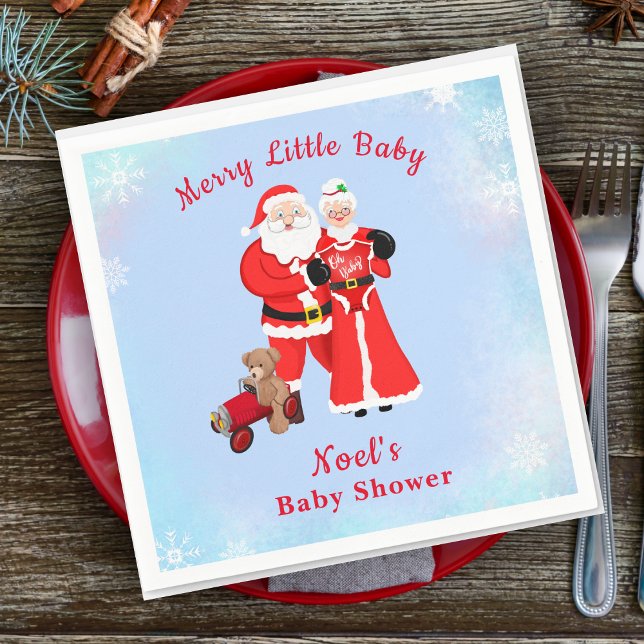 Oh Baby Santa & Mrs. Claus Baby Shower Napkin (Infuse holiday charm into Baby Shower napkins with Santa & Mrs. Claus. Ignite celebration!)