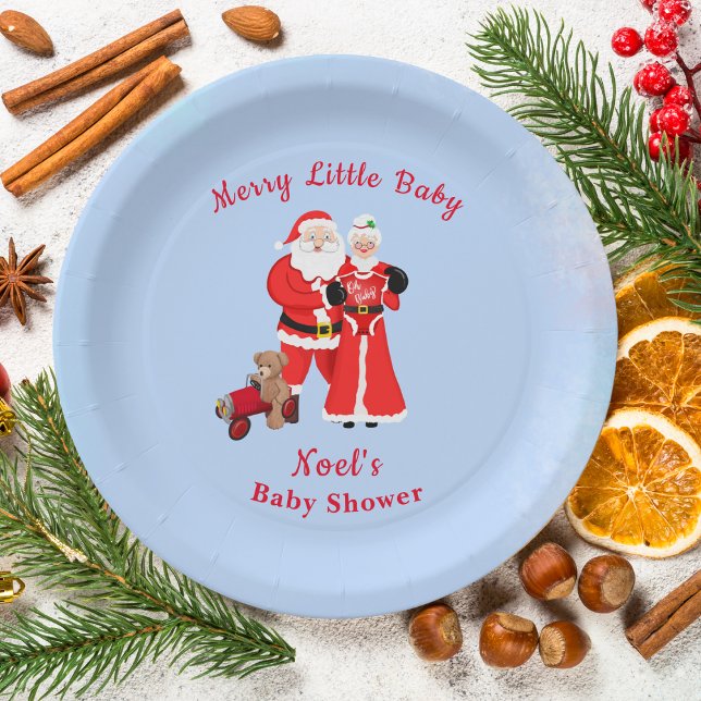 Oh Baby Santa & Mrs. Claus Baby Shower Paper Plate (Enhance festivities with Santa & Mrs. Claus-themed Baby Shower paper plates, sparking celebration!)