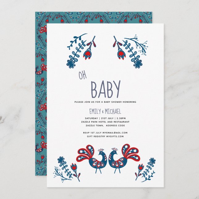 Oh Baby Scandinavian Birds Folk Art Couples Shower Invitation (Front/Back)