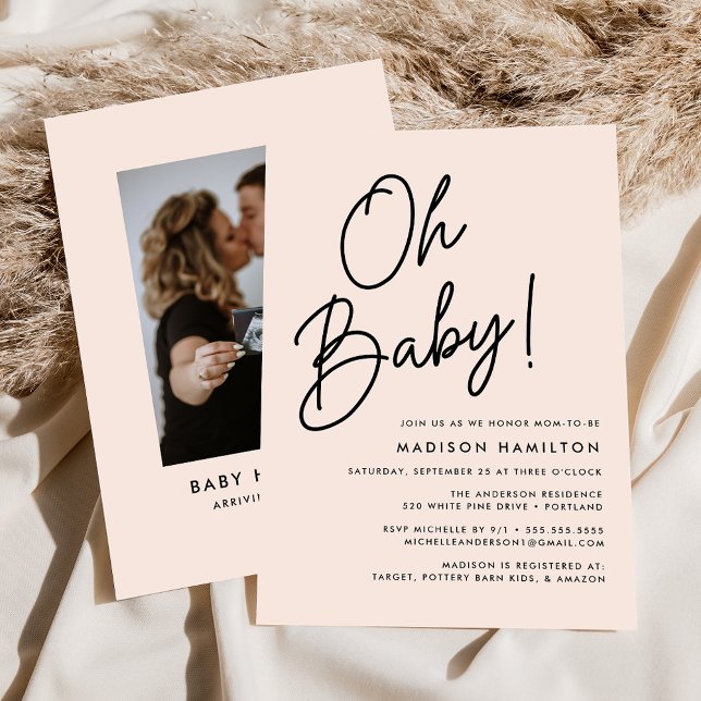 Oh Baby Script Blush Minimalist Photo Baby Shower Invitation (Creator Uploaded)