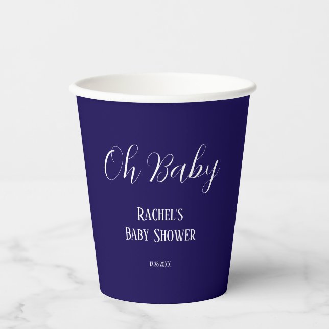 Oh Baby Script Boys Girls Baby Shower Navy Blue Paper Cups (Front)
