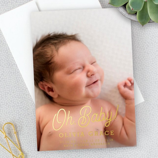 Oh Baby! Script Gold Foil Photo Birth Announcement (Creator Uploaded)