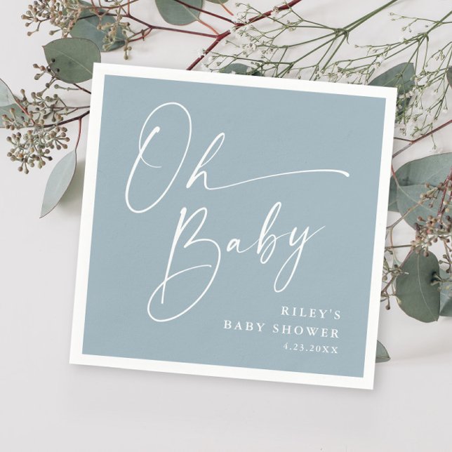 Oh Baby Script Modern Dusty Blue Baby Shower Napkin (Creator Uploaded)
