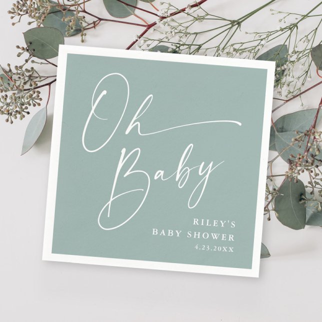 Oh Baby Script Modern Sage Green Baby Shower Napkin (Creator Uploaded)