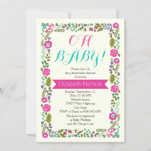 Oh Baby shower aqua and pink floral border Invitation