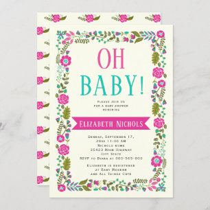 Oh Baby shower aqua, pink modern floral border Invitation