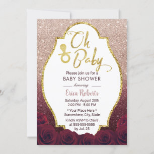 Oh Baby Shower Burgundy & Rose Gold Ombre Glitter Invitation