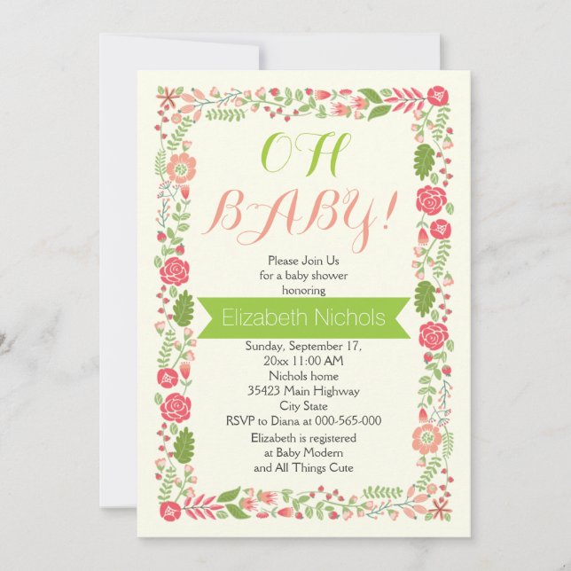 Oh Baby shower coral pink lovely floral border Invitation (Front)