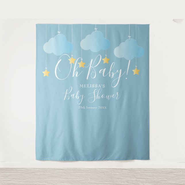Oh Baby Shower Cute Blue Photo Booth Backdrop Tapestry (Front)