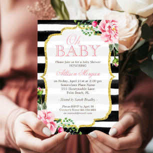 Oh Baby Shower Floral Gold Black White Stripes Invitation