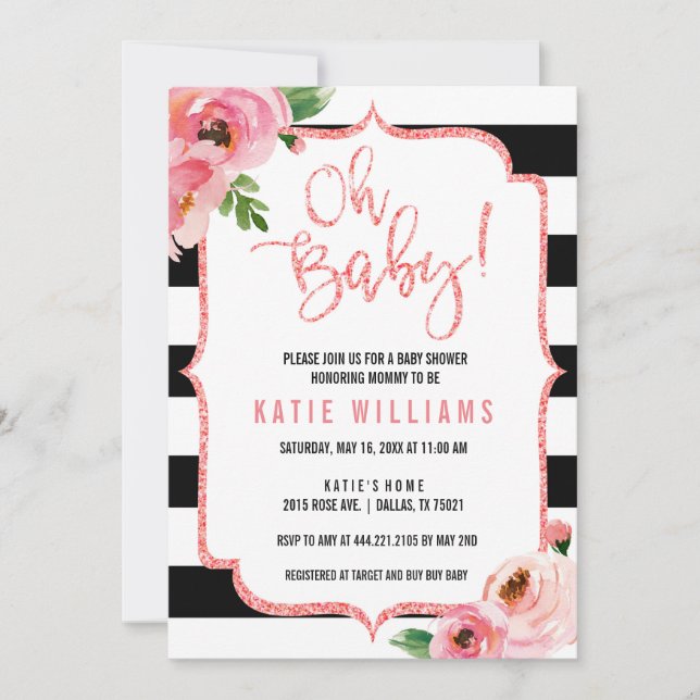 Oh Baby Shower Floral Pink Striped Invitation (Front)