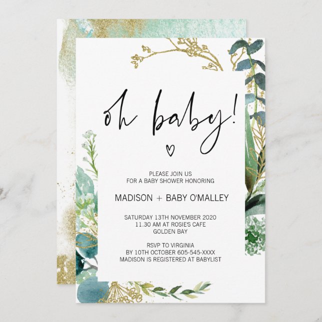 Oh Baby Shower Gender Neutral Baby Bash Greenery Invitation (Front/Back)