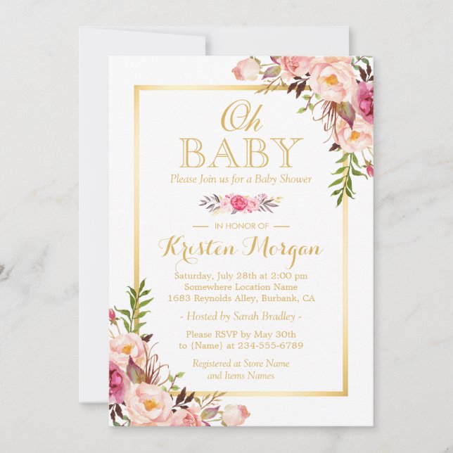 Oh Baby Shower Graceful Chic Floral Gold Frame Invitation (Front)
