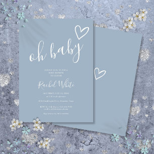 Oh Baby Shower Heart Dusty Blue Minimalist Invitation