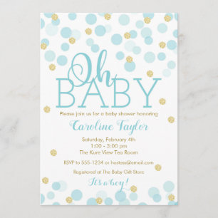 Oh Baby Shower Invitation Boy Blue Gold Glitter