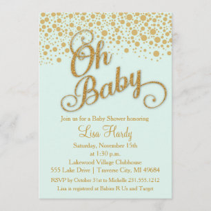 Oh Baby Shower Invitation Mint and Gold Glitter