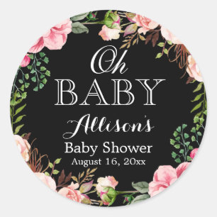 Oh Baby Shower Modern Romantic Floral Decor Classic Round Sticker