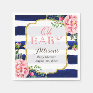 Oh Baby Shower Pink Floral Navy Blue Stripes Napkin