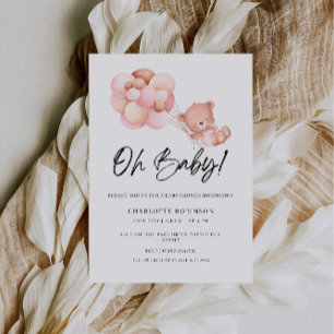 Oh Baby Shower Pink Teddy Bear Balloon Invitation
