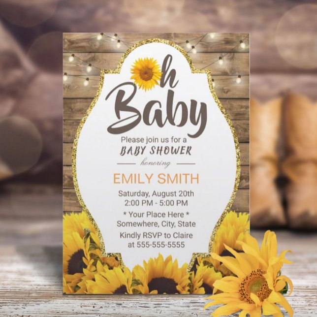 Oh Baby Shower Rustic Sunflowers & String Lights Invitation (Creator Uploaded)