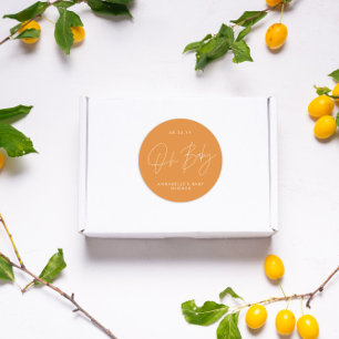 Oh Baby shower script modern orange elegant Classic Round Sticker