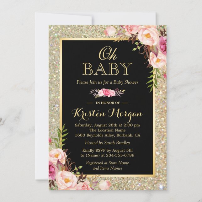 Oh Baby Shower Shiny Gold Glitter Sparkles Floral Invitation (Front)